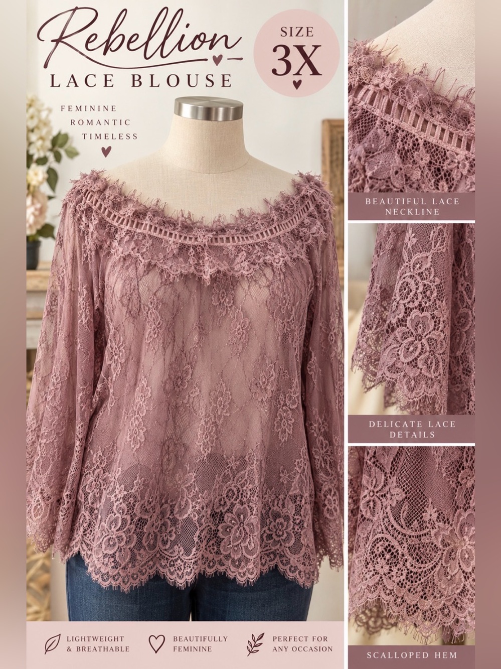 Rebellion - Dusty Mauve - off shoulder-Lace Top -3X